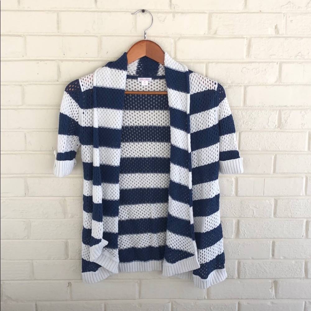 Coastal Grandma Blue & White Crochet Knit Cardigan M Nautical Cottagecore